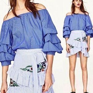 PHILOSOPHY blue stripe off shoulder puff ruffle sleeve blouse top preppy M